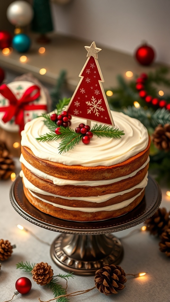 A festive Christmas cake with layers of frosting and a decorative topper, surrounded by holiday decorations.
